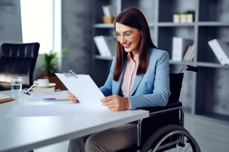 A young woman in a wheelchair working with documents in her office. Generative AI. high quality photoの素材