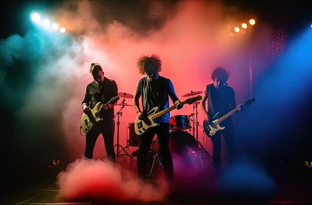 Three musicians on stage playing rock, colorful neon smoke in the background. Generative AIの素材