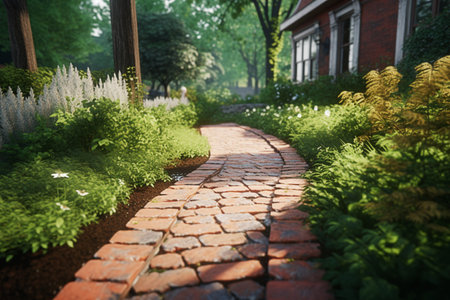 Clinker brick path to the house, landscaping. Generative AI. high quality illustrationの素材