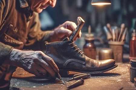 Shoemaker repair shoes in the workshop. close-up. Generative AI. high quality illustrationの素材