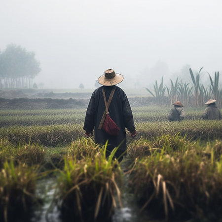 A man in a wide-brimmed hat walks through a rice field, rear view. Generative AI. high quality illustrationの素材