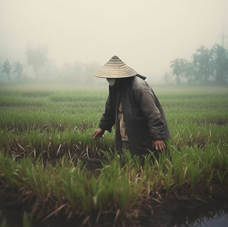 A man in a wide-brimmed hat harvests a rice field. Generative AI. high quality illustrationの素材