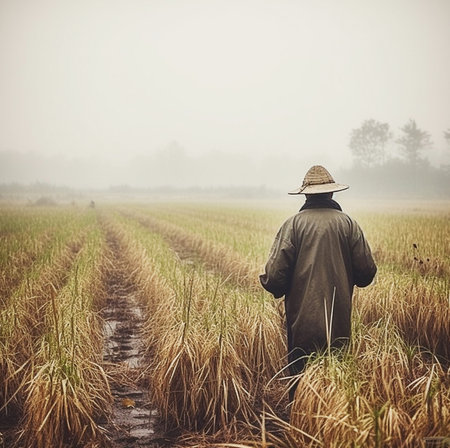 A man in a wide-brimmed hat walks through a rice field, rear view. Generative AI. high quality illustrationの素材