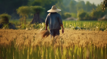A man in a wide-brimmed hat harvests a rice field. Generative AI. high quality illustrationの素材