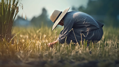 A man in a wide-brimmed hat harvests a rice field. Generative AI. high quality illustrationの素材