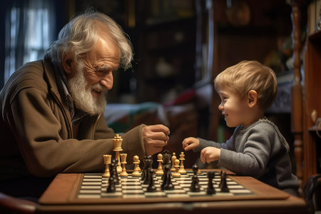 Grandfather and grandson play chess, Close-up. Generative AI. high quality illustrationの素材