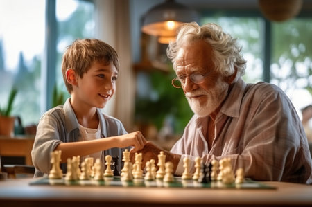 Grandfather and grandson play chess, Close-up. Generative AI. high quality illustrationの素材