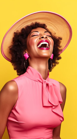 Young African American woman laughing in the studio in a pink dress on a yellow background. Generative AI. high quality illustrationの素材