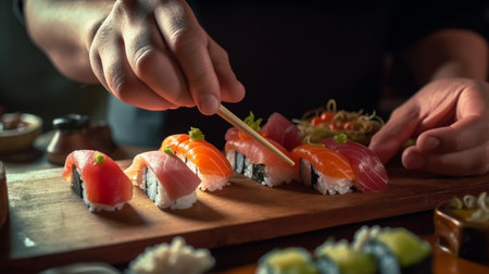 The chef prepares sushi, rolls in the restaurant. Generative AI. high quality illustrationの素材