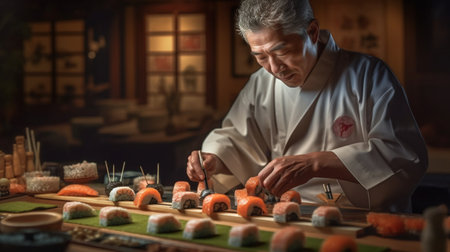 The chef prepares sushi, rolls in the restaurant. Generative AI. high quality illustrationの素材
