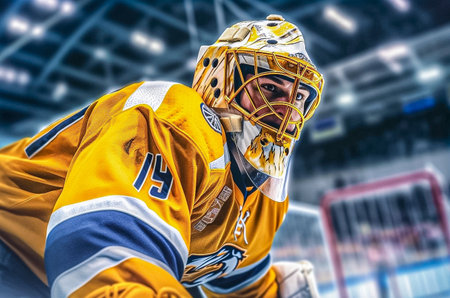 Hockey goalkeeper stands at the gate. Generative AI. high quality photoの素材