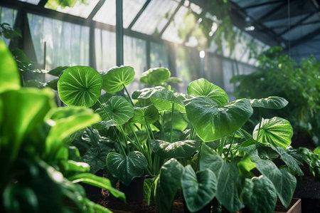 Greenhouse of green plants and flowers. Generative AI. high quality illustrationの素材