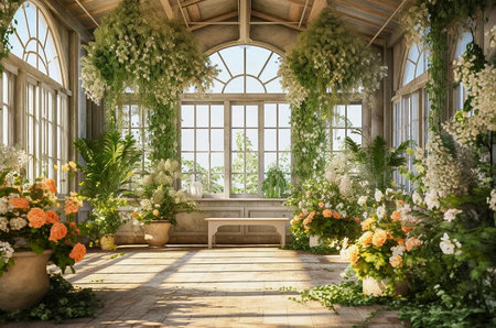 Greenhouse of green plants and flowers. Generative AI. high quality illustrationの素材