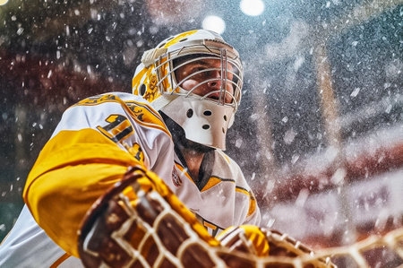 Hockey goalkeeper stands at the gate. Generative AI. high quality photoの素材