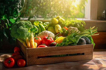 Wooden box full of vegetables. Harvest cucumbers, peppers, zucchini, cabbage, tomatoes. Generative AI High quality photoの素材