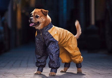 Dog on a walk in overalls. Generative AI. high quality illustrationの素材
