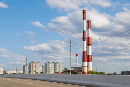 Industrial plant with tall chimneys against the blue sky. high quality photoの写真素材