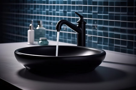Stylish, black stone sink with faucet. Generative AI. high quality illustrationの素材