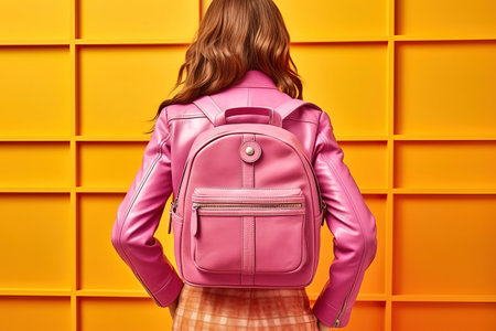 A woman advertises a leather backpack in the studio. Generative AI. high quality illustrationの素材