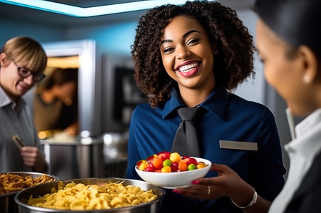 An African-American flight attendant delivers lunch to passengers on an airplane. Generative AI. high quality illustrationの素材