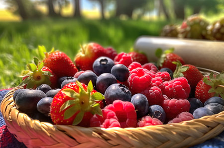 Juicy berries of strawberries, raspberries, blueberries in a basket on the lawn. Generative AI. high quality illustrationの素材