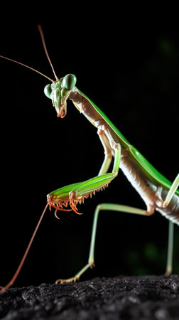 Mantis insect on a black background. Generative AI. high quality illustrationの素材