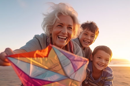 Mother and children fly a kite. Generative AI. high quality illustrationの素材