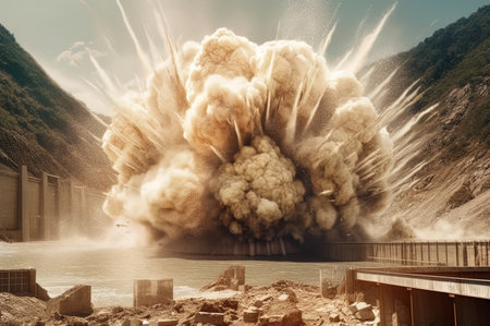 Dam explosion, flood, dam burst. Generative AI. high quality illustrationの素材