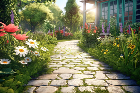 Clinker brick path to the house, landscaping. Generative AI. high quality illustrationの素材