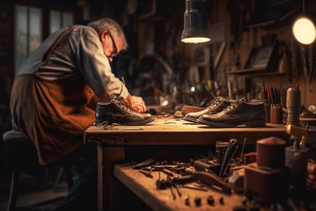 Shoemaker repair shoes in the workshop. close-up. Generative AI. high quality illustrationの素材