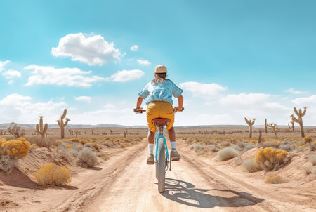 A man rides a bike in the summer along a wide road, rear view. Generative AI. high quality illustrationの素材