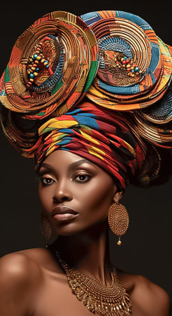 Portrait of an African American woman in a turban with African print. Generative AI. high quality illustrationの素材