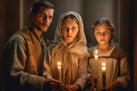 An ordinary family came to the temple to pray with candles. Generative AI. high quality illustrationの素材