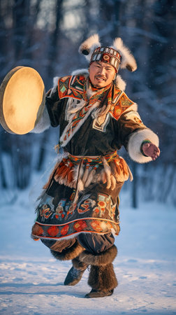 Dances of the peoples of the north. A man in an animal skin performs a shaman dance in winter. Generative AI. high quality illustrationの素材