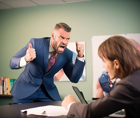 The director of the company is a man, swears and yells at his subordinates. Generative AI. high quality illustrationの素材