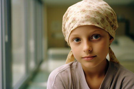Portrait of a child with cancer in the clinic, a girl with lyukemia. Generative AI. high quality illustrationの素材