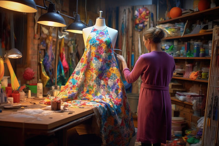 Fashion designer girl creates a new dress on a mannequin. Generative AI. high quality illustrationの素材