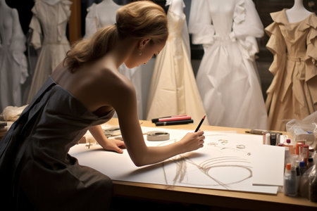 The girl-designer of women's clothing creates a new collection. Generative AI. high quality illustrationの素材