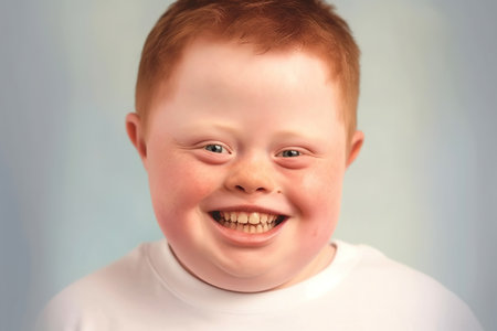 Portrait of a smiling child with Down Syndrome. Generative AI. high quality illustrationの素材