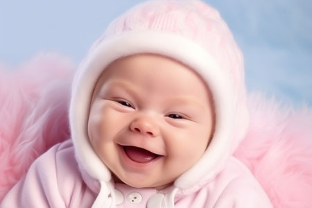 Portrait of a cheerful, laughing kid in a hat. Generative AI. high quality illustrationの素材