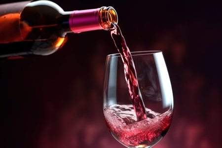 Red wine from a bottle is poured into a glass. close-up. Generative AI. high quality illustrationの素材