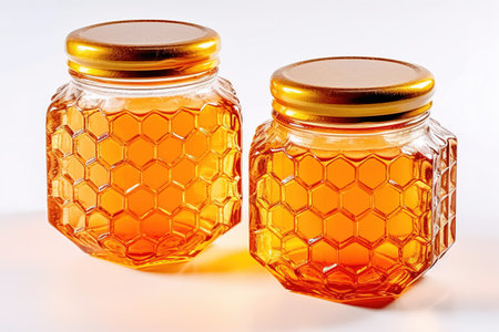 Two jars of clear honey. Generative AI.の素材
