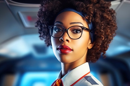 Portrait of an African American stewardess. Generative AI. high quality illustrationの素材