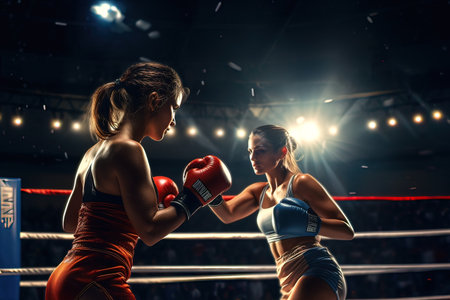 Girl boxer trains in the boxing gym. Generative AI. high quality illustrationの素材