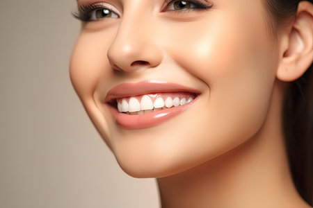 Girl with a white smile. The concept of healthy teeth. Generative AI. high quality illustrationの素材