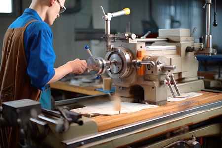 A turner makes a part on a lathe. Generative AI. high quality illustrationの素材