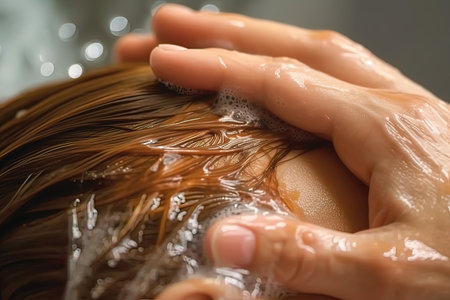 Hands lathering the client's head in a beauty salon. close-up. Generative AI. high quality illustrationの素材