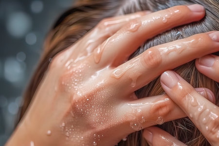 Hands lathering the client's head in a beauty salon. close-up. Generative AI. high quality illustrationの素材