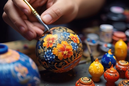 Hands draw with a brush on the figure in the form of a ball, paint the ball in the manner of khokhloma. Generative Artificial Intelligence. high quality illustrationの素材