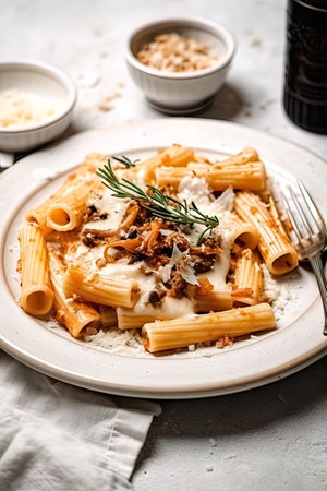 Rigatoni with white cream sauce, pasta with meat on a white plate. high quality illustrationの素材